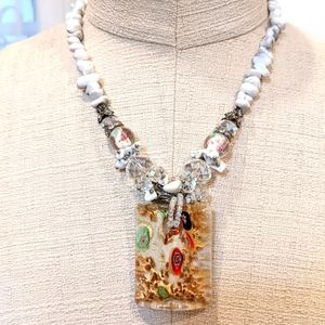 Murano glass with gold white Howlite Crystal statement summer necklace  20" New